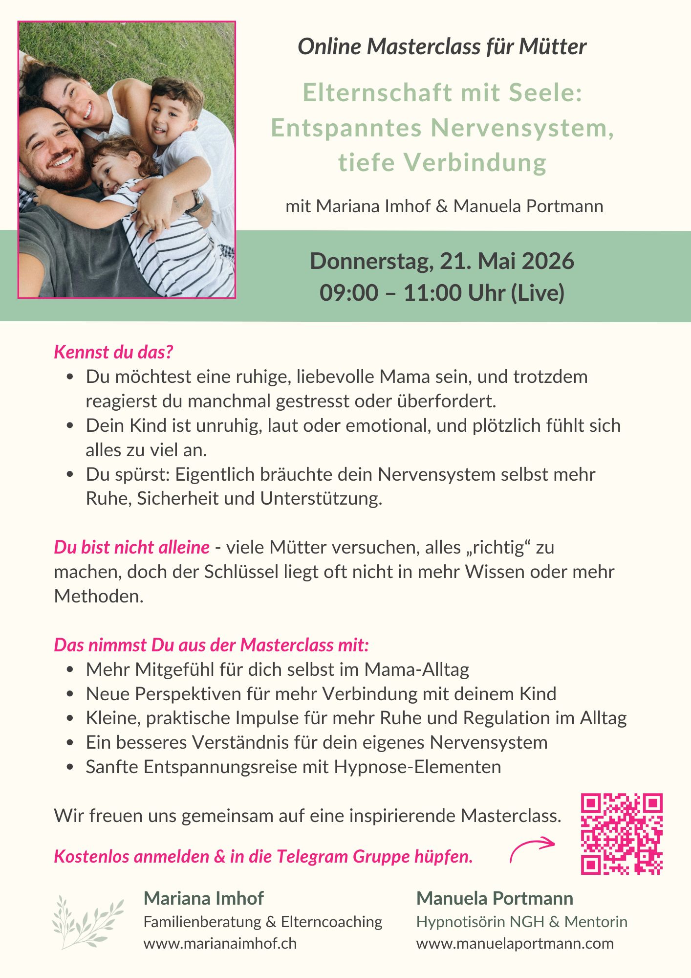 Flyer zur kostenlosen Online Masterclass Elternschaft mit Seele und entspanntes Nervensystem